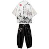 Japanese White Black Sakura Crane Mountains Mens Two-Piece Kimono Yukata Top & Pants Sets