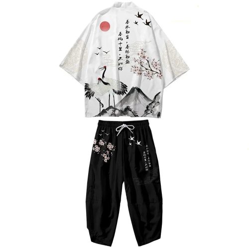 Japanese White Black Sakura Crane Mountains Mens Two-Piece Kimono Yukata Top & Pants Sets