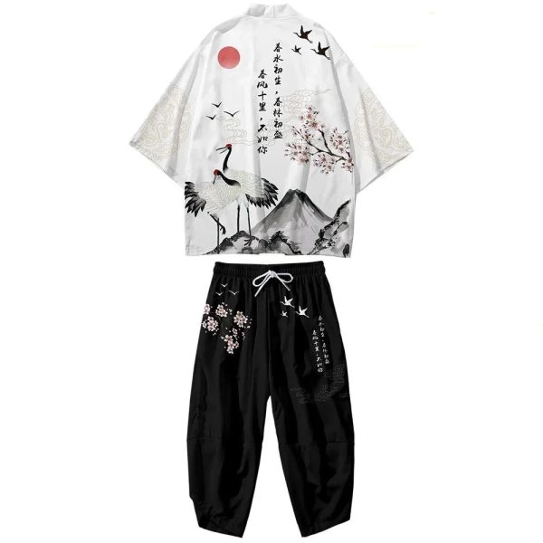 Japanese White Black Sakura Crane Mountains Mens Two-Piece Kimono Yukata Top & Pants Sets
