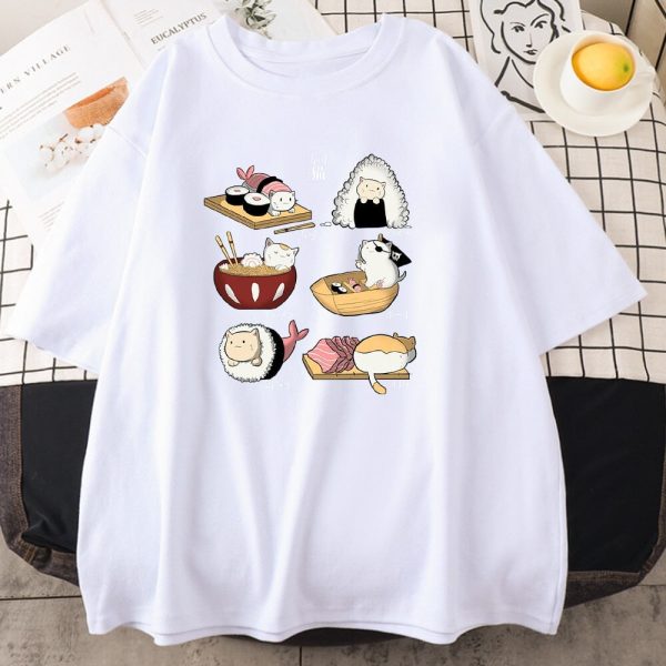Kawaii Cat Sushi Harajuku Cotton Unisex Tee