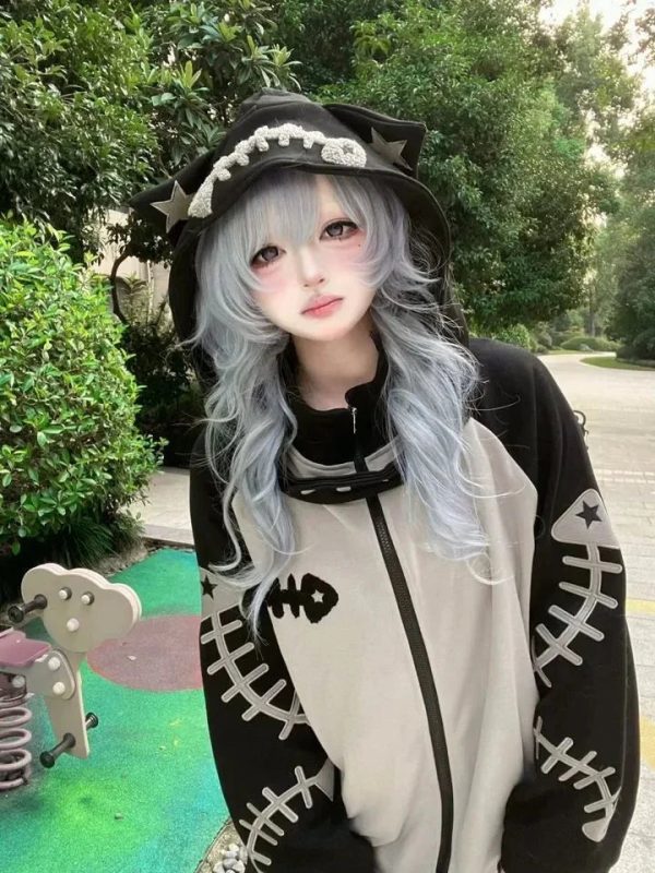 Kawaii Fishbone Aqua Grey Hoodie Set