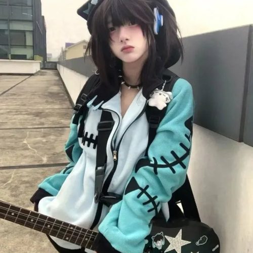 Kawaii Fishbone Aqua Grey Hoodie Set