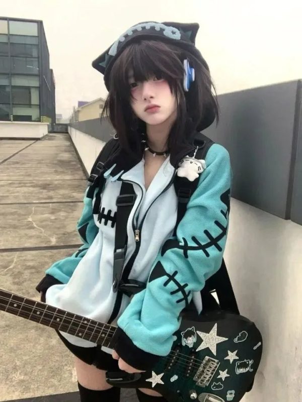 Kawaii Fishbone Aqua Grey Hoodie Set