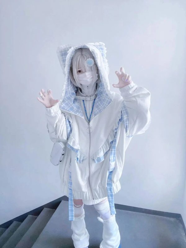 Kawaii Lolita Checkered Cat-Eared Zip-Up White Black Hoodie