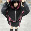 Kawaii Lolita Checkered Cat-Eared Zip-Up White Black Hoodie