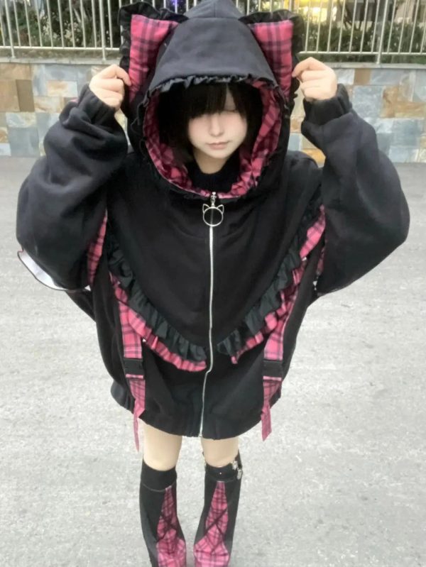 Kawaii Lolita Checkered Cat-Eared Zip-Up White Black Hoodie