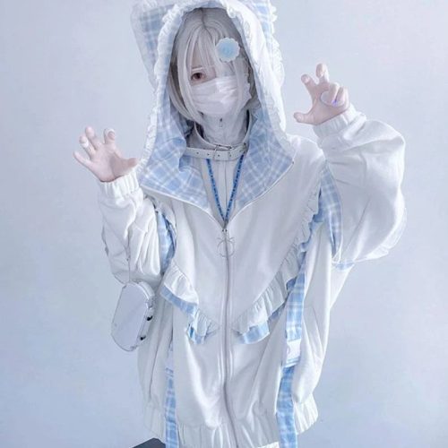 Kawaii Lolita Checkered Cat-Eared Zip-Up White Black Hoodie