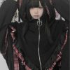 Kawaii Lolita Checkered Cat-Eared Zip-Up White Black Hoodie
