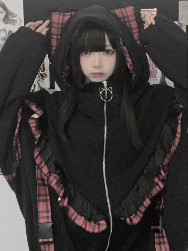 Kawaii Lolita Checkered Cat-Eared Zip-Up White Black Hoodie
