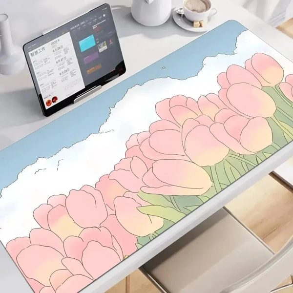 Kawaii Pink Tulips Large Mouse Pad