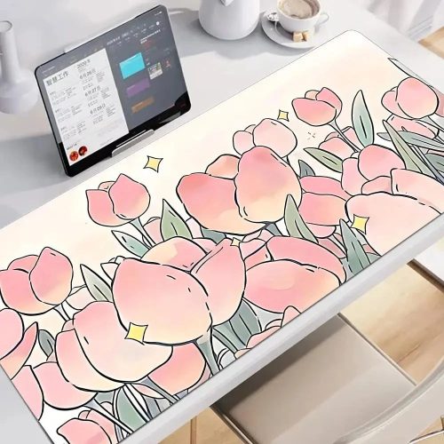 Kawaii Pink Tulips Large Mouse Pad
