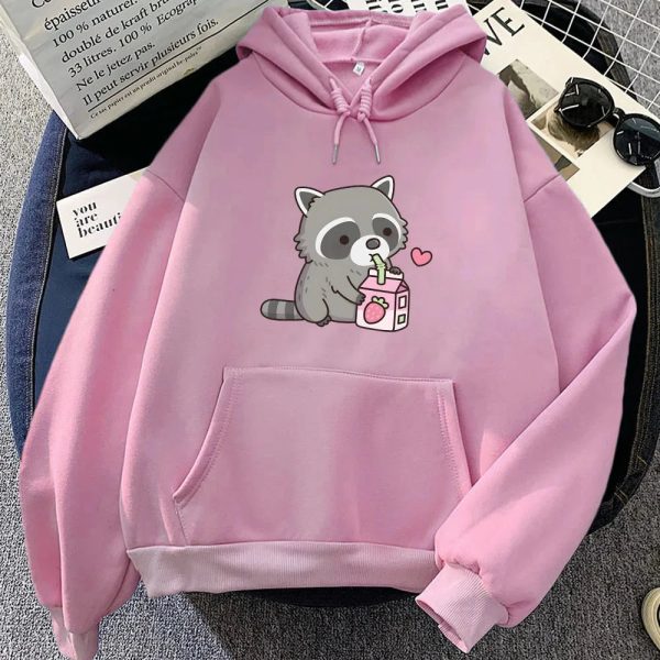 Kawaii Raccoon Drinking Strawberry Milk Unisex Hoodie