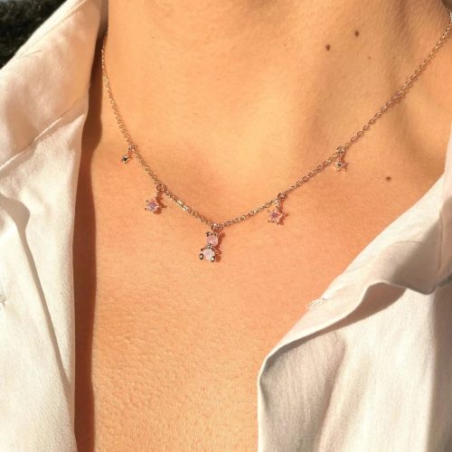 Kawaii Starry Bear Pink 18K Gold-Plated Station Necklace