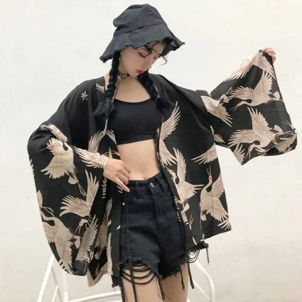 Japanese-themed Majestic Cranes Black Women's Kimono