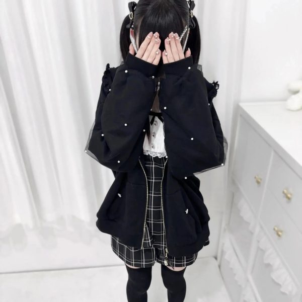 Lace Bunny Ears Black White Zip-up Hoodies