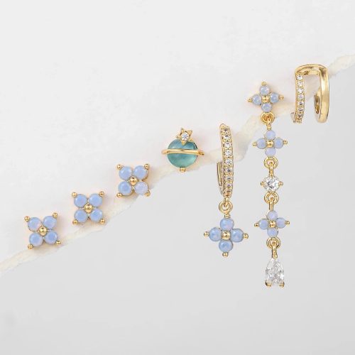 Mini Baby Blue Flower 18K Gold-Plated Earrings (7pc Set)