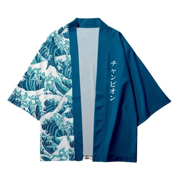 Navy Great Wave off Kanagawa Half Half Unisex Kimono