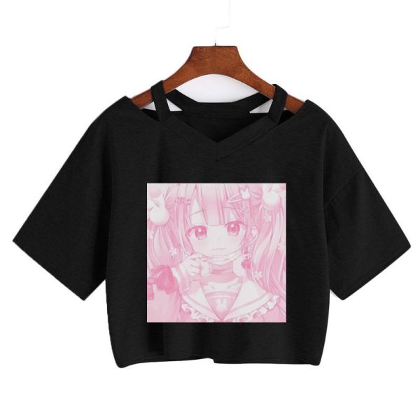 Pink Anime Girl Print V-neck Crop Top Tee