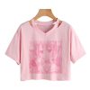 Pink Anime Girl Print V-neck Crop Top Tee