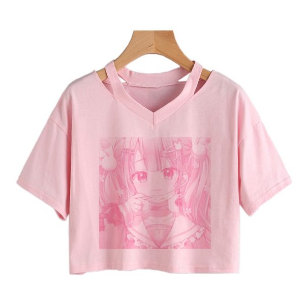 Pink Anime Girl Print V-neck Crop Top Tee