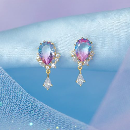 Pink Blue Reverse Teardrop Gold-Plated Stud Earrings