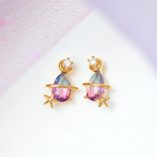Pink Blue Teardrop Gold-Plated Stud Earrings