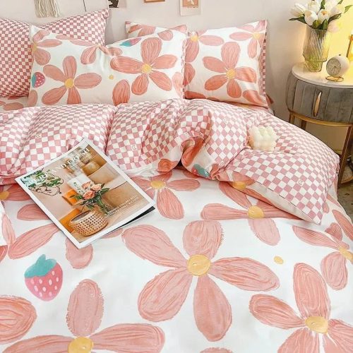 Pink Daisy Strawberries Checkered Bedding Set with Bed Sheet