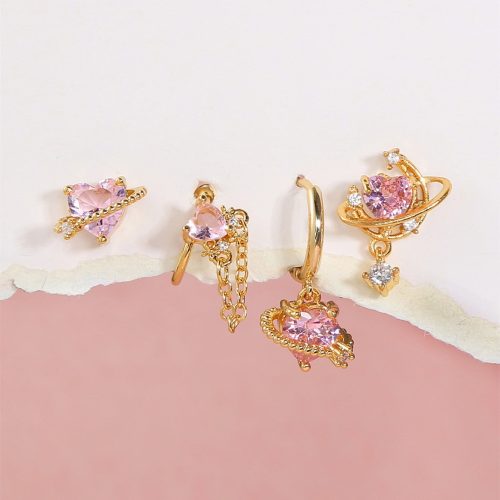 Pink Heart Gold-Plated Asymmetric Stud Earrings