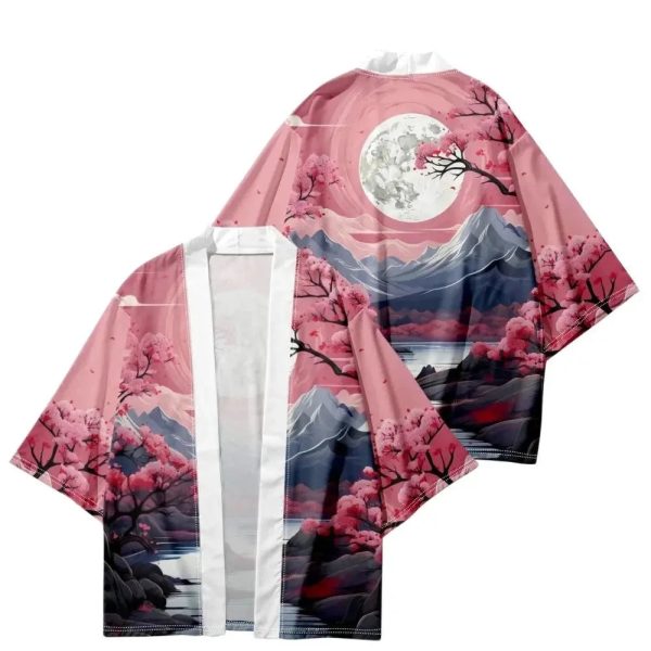 Pink Japanese-themed Sakura Mountains Unisex Kimono