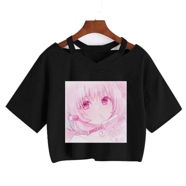 Pink Riamu Cute Anime Girl Print V-neck Crop Top Tee