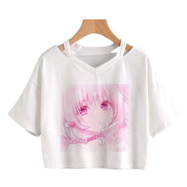 Pink Riamu Cute Anime Girl Print V-neck Crop Top Tee