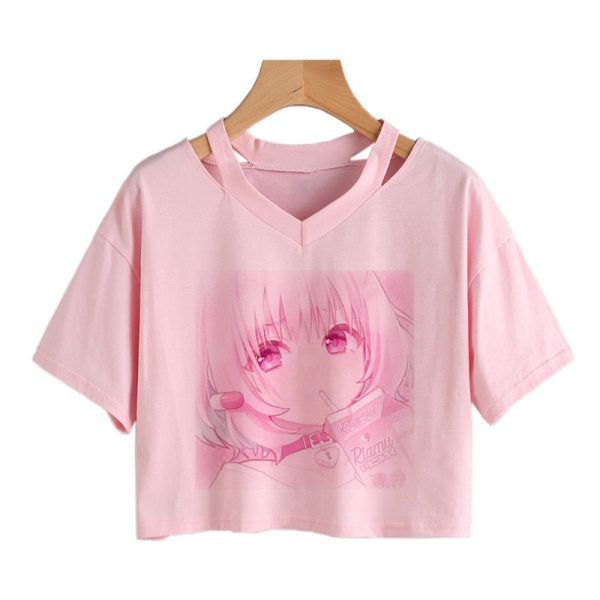 Pink Riamu Cute Anime Girl Print V-neck Crop Top Tee