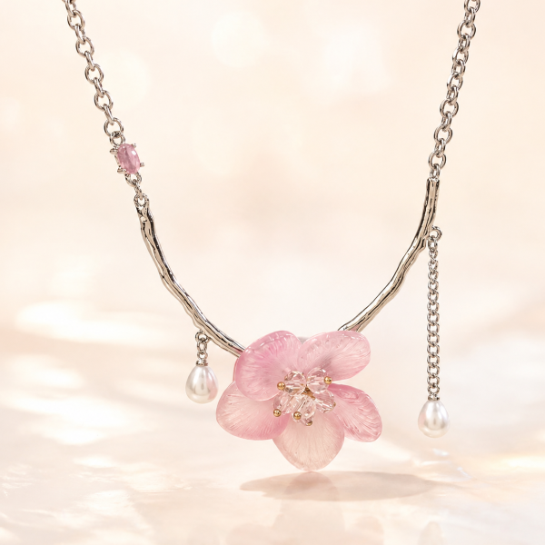 Pink Sakura Petal Pearl Drop Metallic Necklace