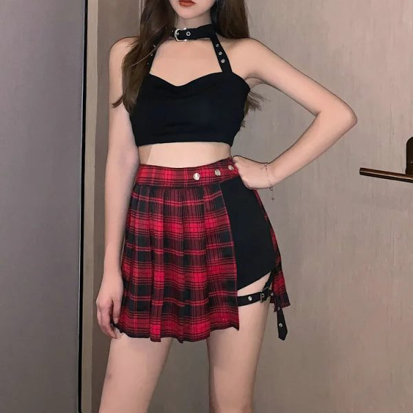 Half-Cut High Waist Black Checked Mini Skirts