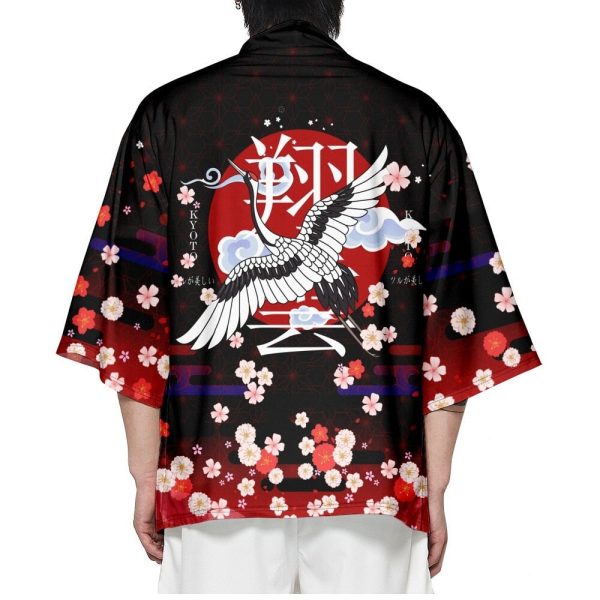 Royal White Crane Blood Moon Sakura Unisex Kimono