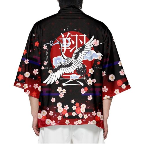 Royal White Crane Blood Moon Sakura Unisex Kimono