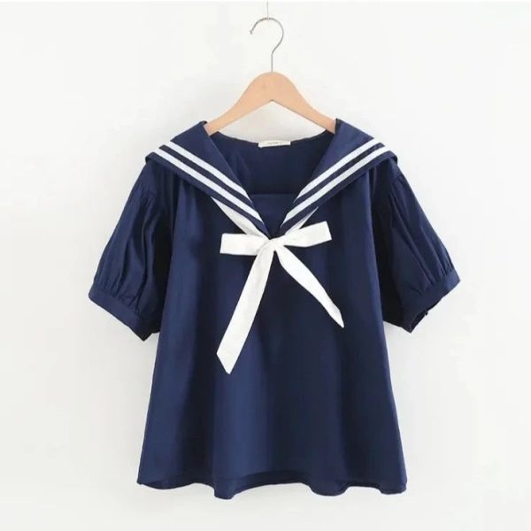 Sailor Moon Inspired Collar White Blue College Shirt Tie Women's Top