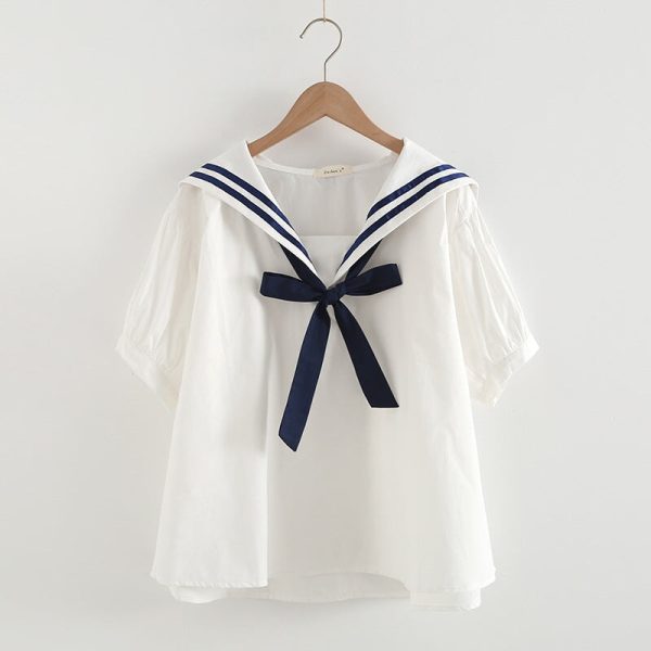 Sailor Moon Inspired Collar White Blue College Shirt Tie Women's Top