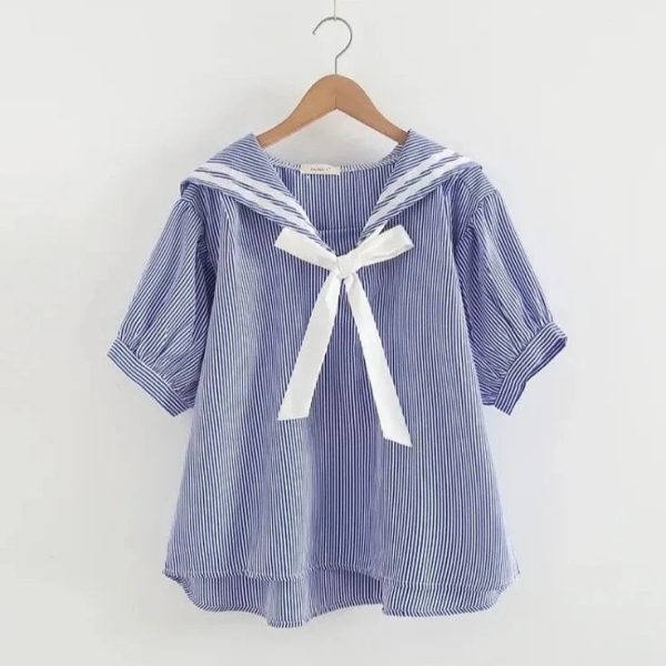 Sailor Moon Inspired Collar White Blue College Shirt Tie Women's Top
