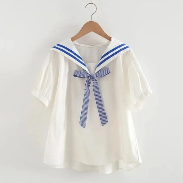 Sailor Moon Inspired Collar White Blue College Shirt Tie Women's Top