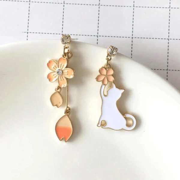 Sakura Cat & Fan Drop Earrings