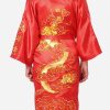 Satin Silk Golden Dragon Embroidery Long Kimono Gown