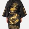 Satin Silk Golden Dragon Embroidery Long Kimono Gown