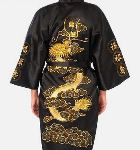 Satin Silk Golden Dragon Embroidery Long Kimono Gown