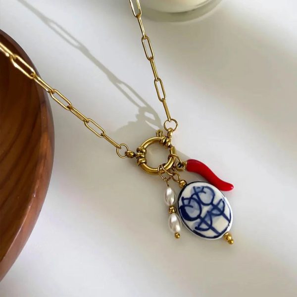 Spice Pearl Porcelain Charm Necklace