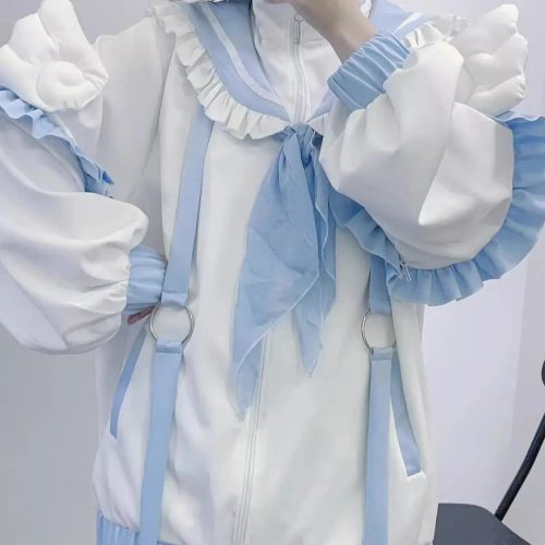 Sweetheart Harajuku White Blue Ruffles Zipper Jacket