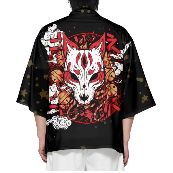 Japanese-themed White Fox Mask Print Unisex Kimono