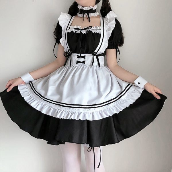 White Black Striped Lolita Maid Cosplay Women's Dress