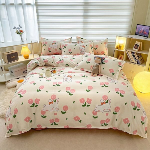 White Bunny Peach Flower Bedding Set