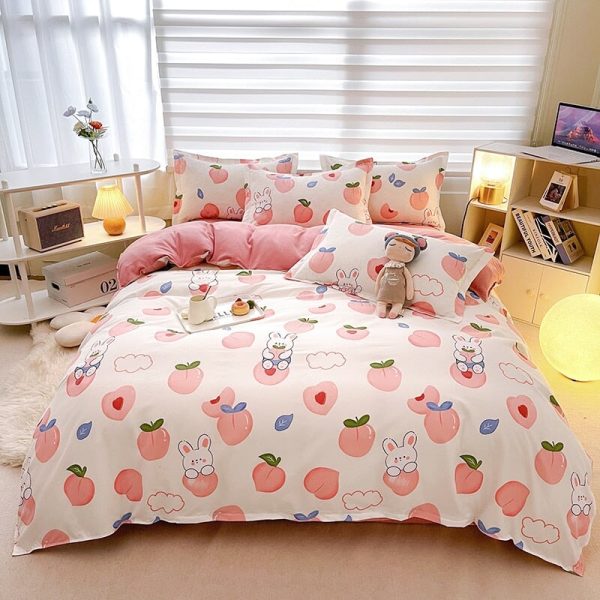 White Bunny Peach Flower Bedding Set